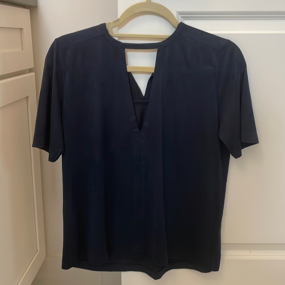 Olivaceous navy suede-like fabric blouse.